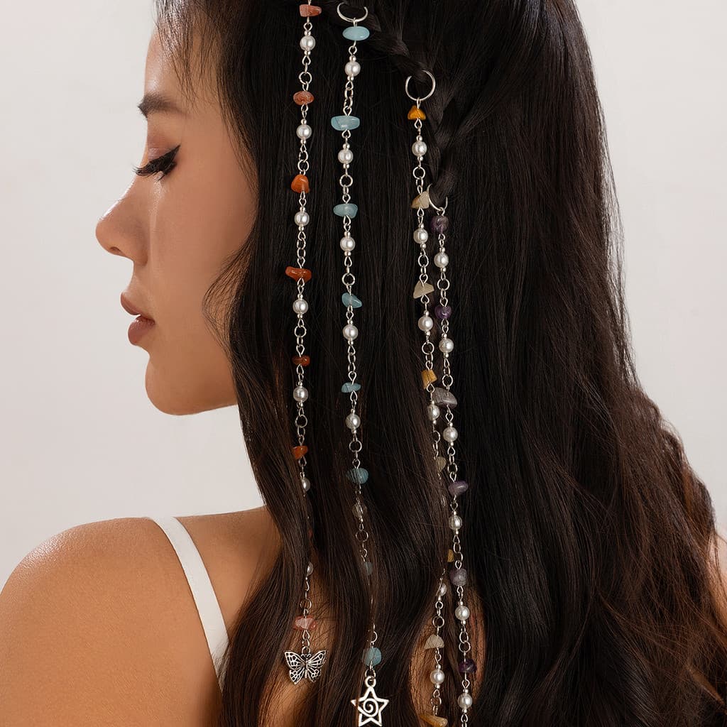 [Estoque pronto] Estilo de férias pedra Natural longa corrente de cascalho trançado cabelo trança suja acessórios para c