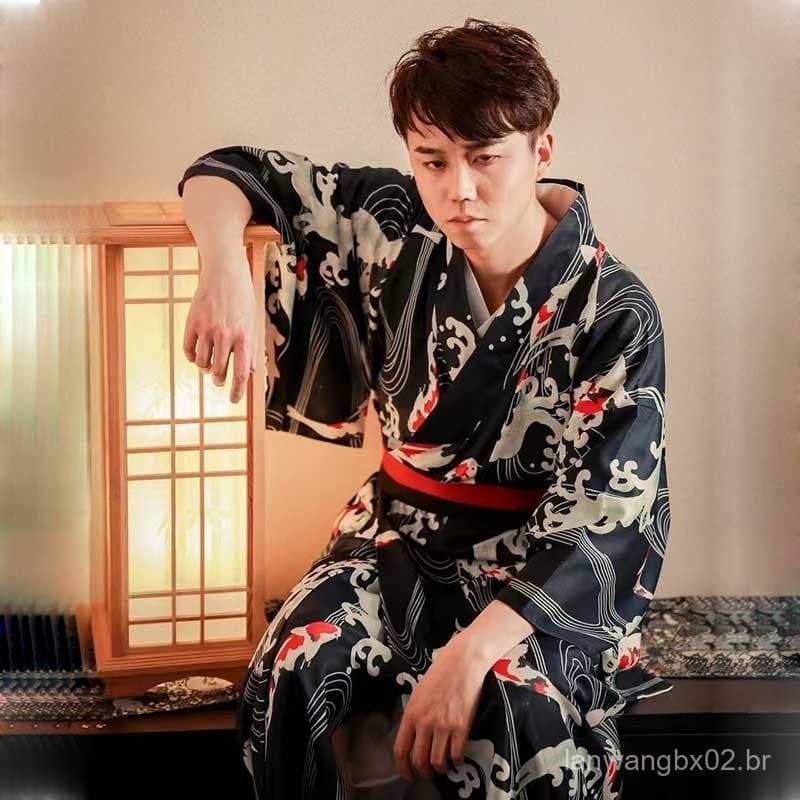 Quimono com Cinto, Traje Formal Masculino, Ondas de Peixe Dourado, Yukata para Festival de Verão, Conjunto Tradicional S