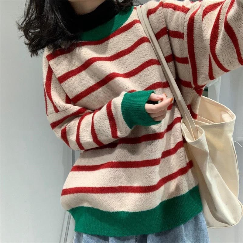 Coreano coreano listrado feminino contraste cor malhas de manga comprida pulôver camisa de fundo solto estilo preguiçoso