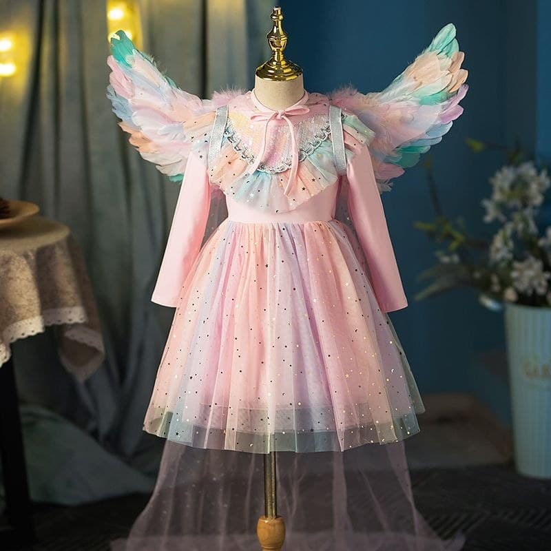 Meninas Elsa Princesa Vestido Crianças Asas Saia Arco-Íris Menina Unicórnio Vestido Fofo