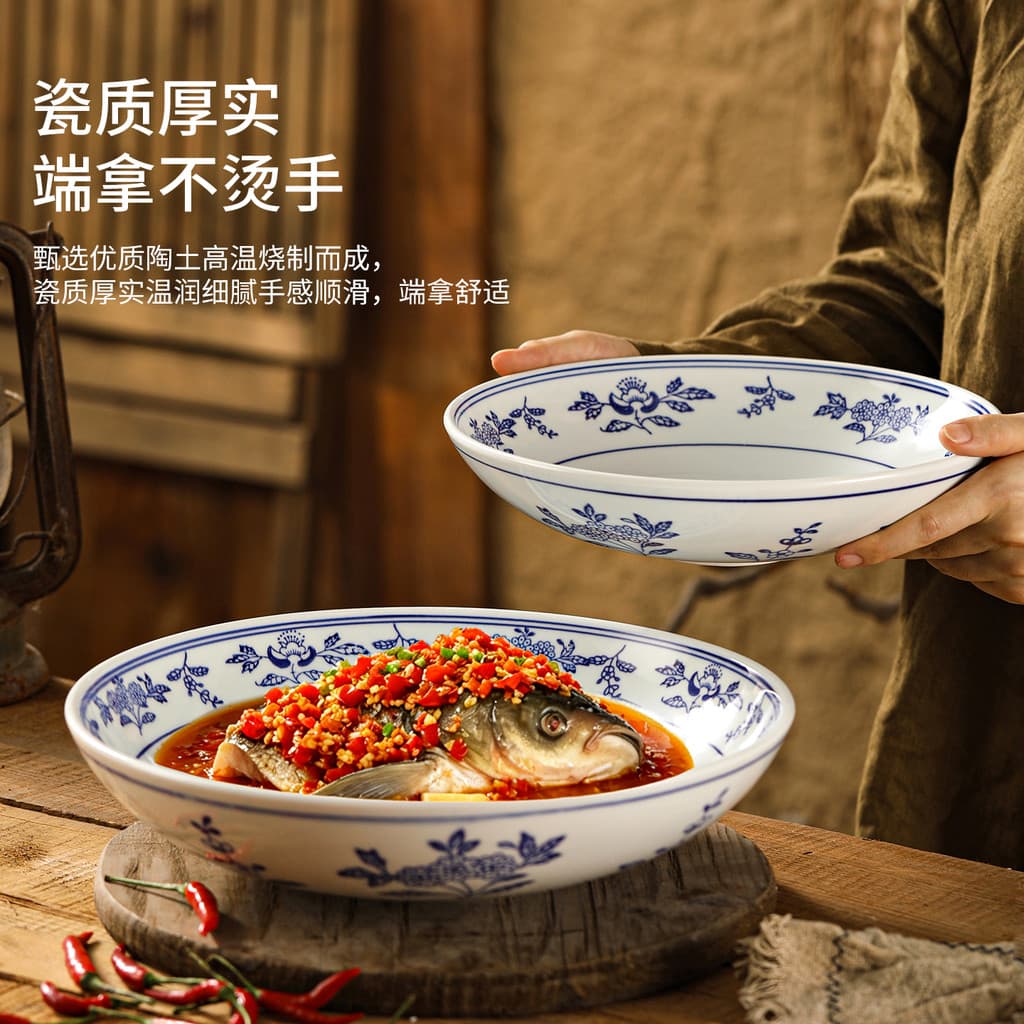 Xiangcai loja Jiangxi pequena panela Wok comercial placa de embalagem em pó frito Hotel fazenda azul branco redondo prat
