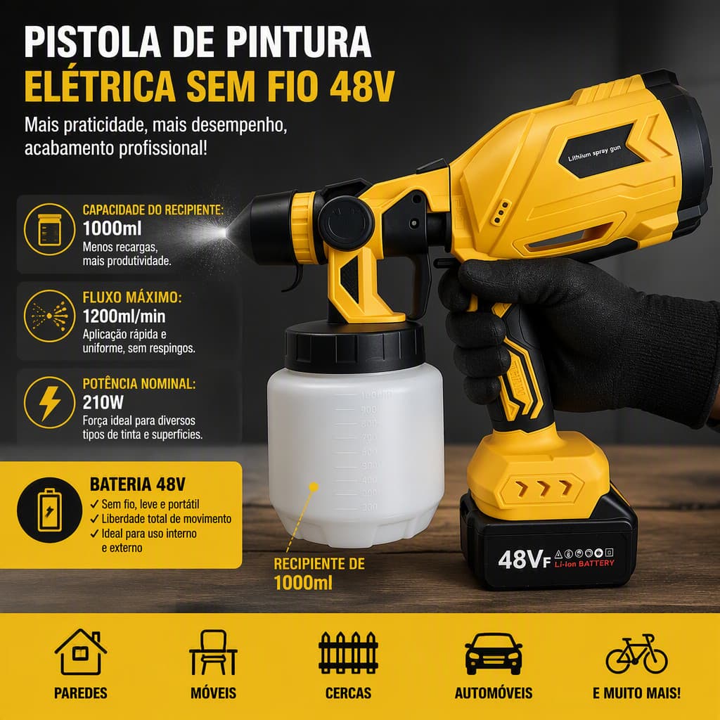 Pistola de Pintura Elétrica Sem Fio 210W equipada com Bateria Lítio 48V Reservatório 1000ml Bico de metal e Compressor