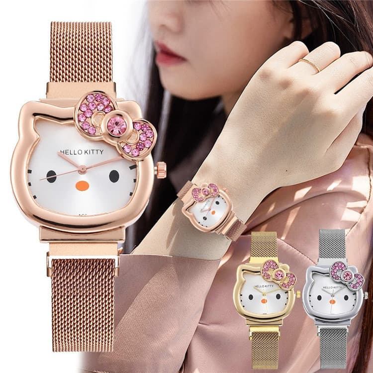 Kitty Kitty Cat KT Relógio Diamante Arco Ímã com Bonito Desenho Animado Menina Estudante Relógio KT Catwoman Watch