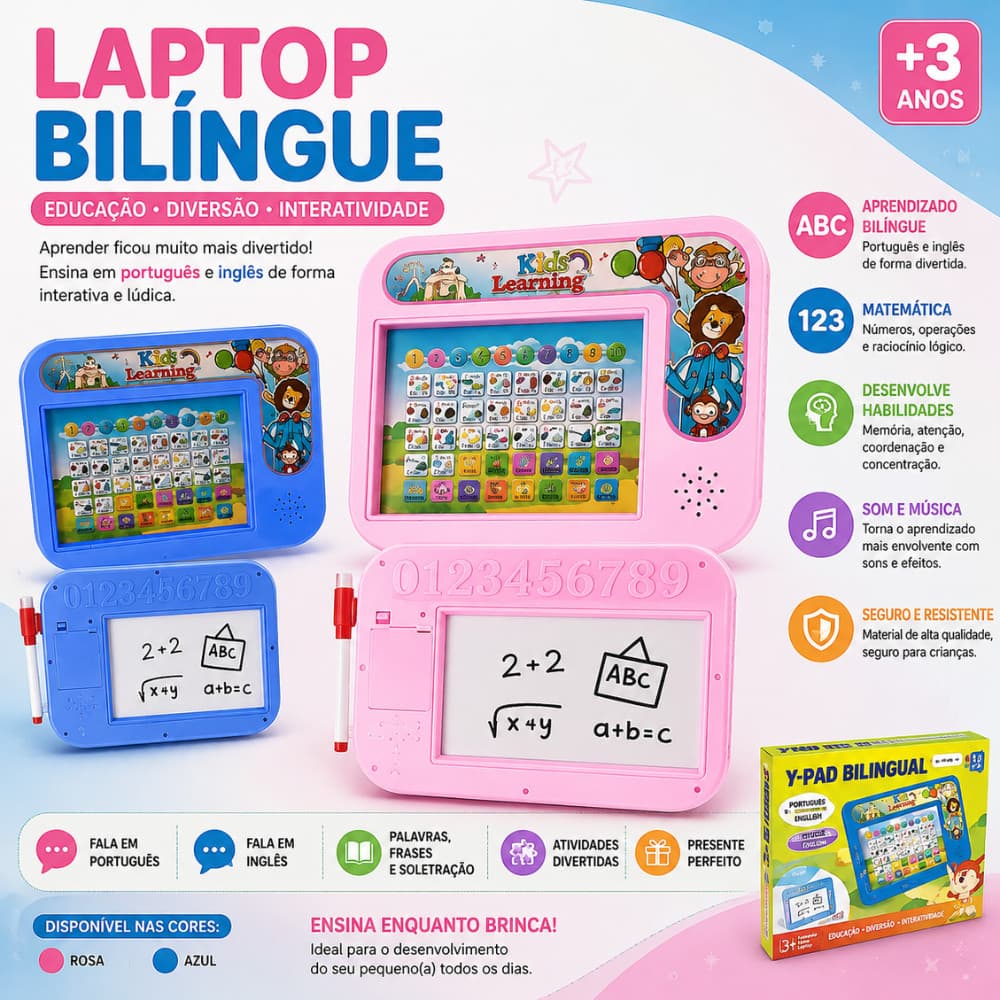 Laptop Infantil Bilíngue Educativo Português Inglês com Lousa Mágica Caneta +3 Anos