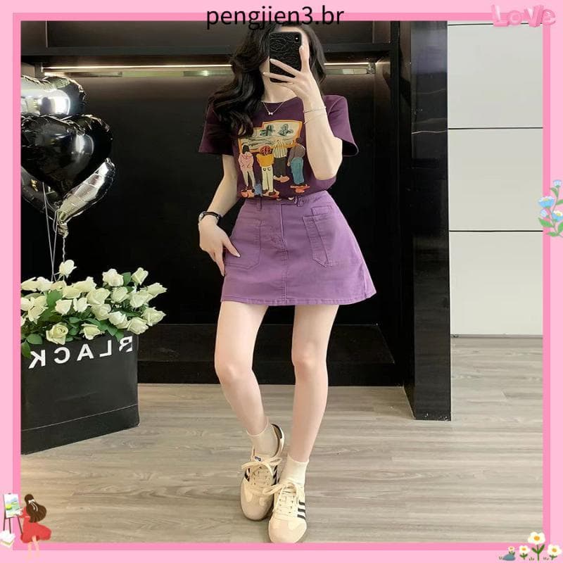 Moda elegante usar um conjunto completo verão High-End sentimento roxo indústria pesada impressa camiseta de manga curta