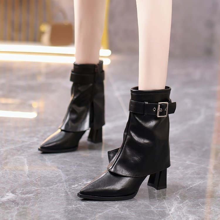 Moda calças botas femininas, outono inverno novo estilo elegante apontou salto grosso botas curtas femininas, All-Match