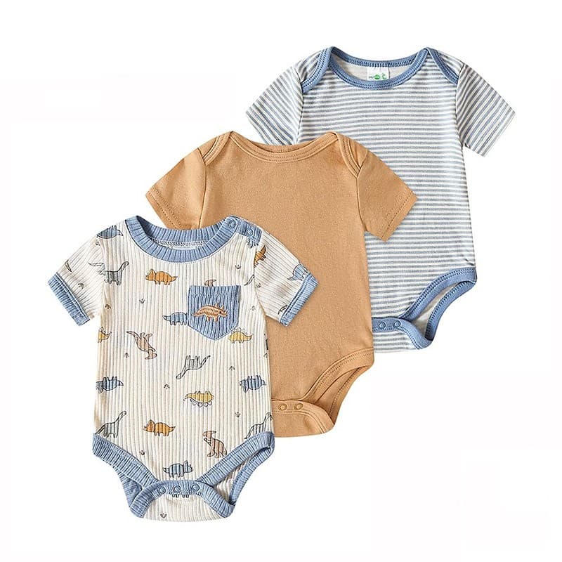Kit Body Bebê Menino 3 Unidades Dino com Bolso e Modelo Listrado