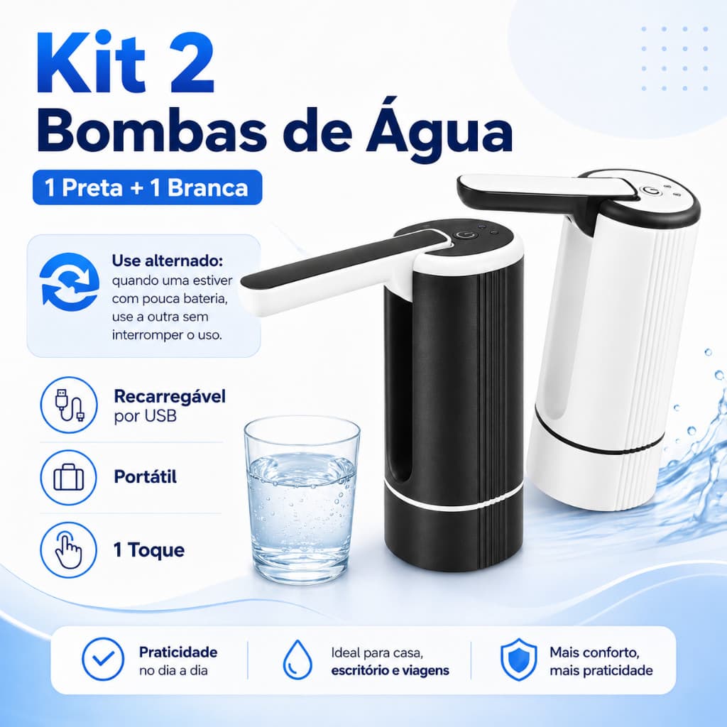 Kit 2 Bombas Elétricas para Galão de Água Dobráveis USB Recarregáveis Portáteis Dispenser Automático