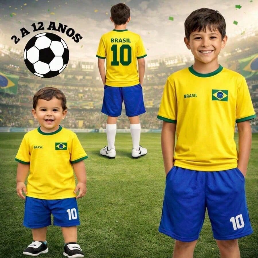 Conjunto Camiseta do Brasil Amarela + Bermuda Azul Futebol Copa Uniforme Brasileiro Koppa