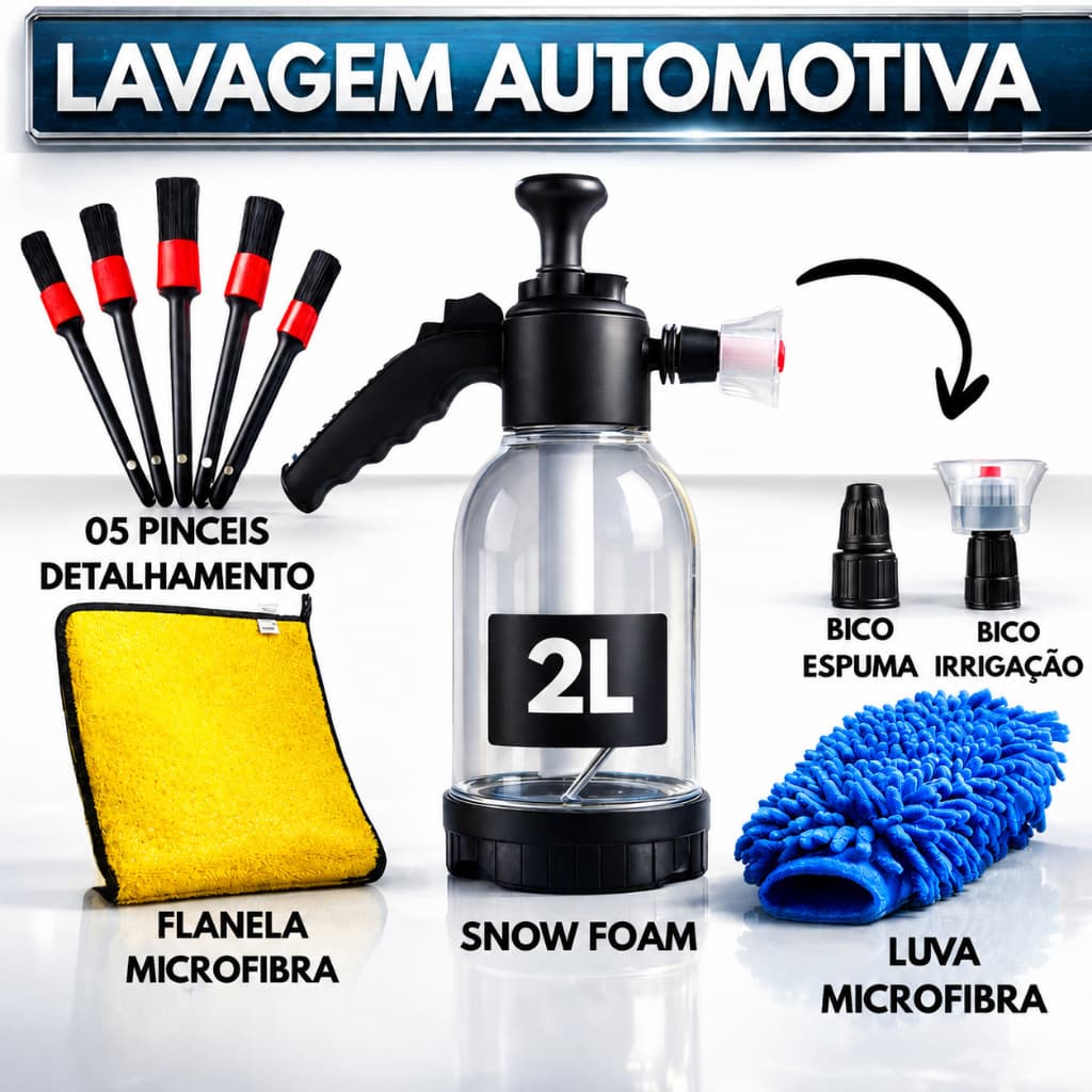 Lavagem Automotiva Kit Pincel Pulverizador Snow Foam Manual Lavadora Espuma Borrifador 2 Litros Luva Flanela Microfibra
