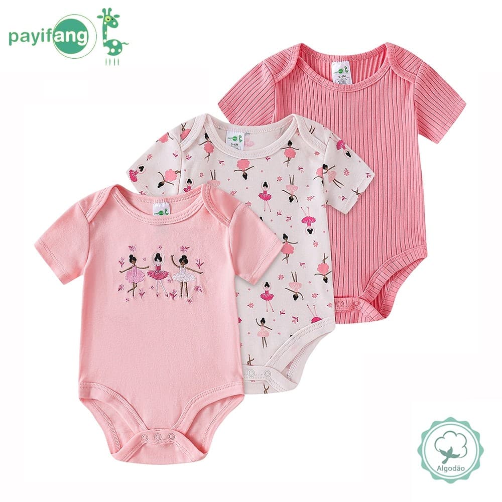 Kit 3 Bodies Bebê Menina Manga Curta Tema Bailarina Rosa
