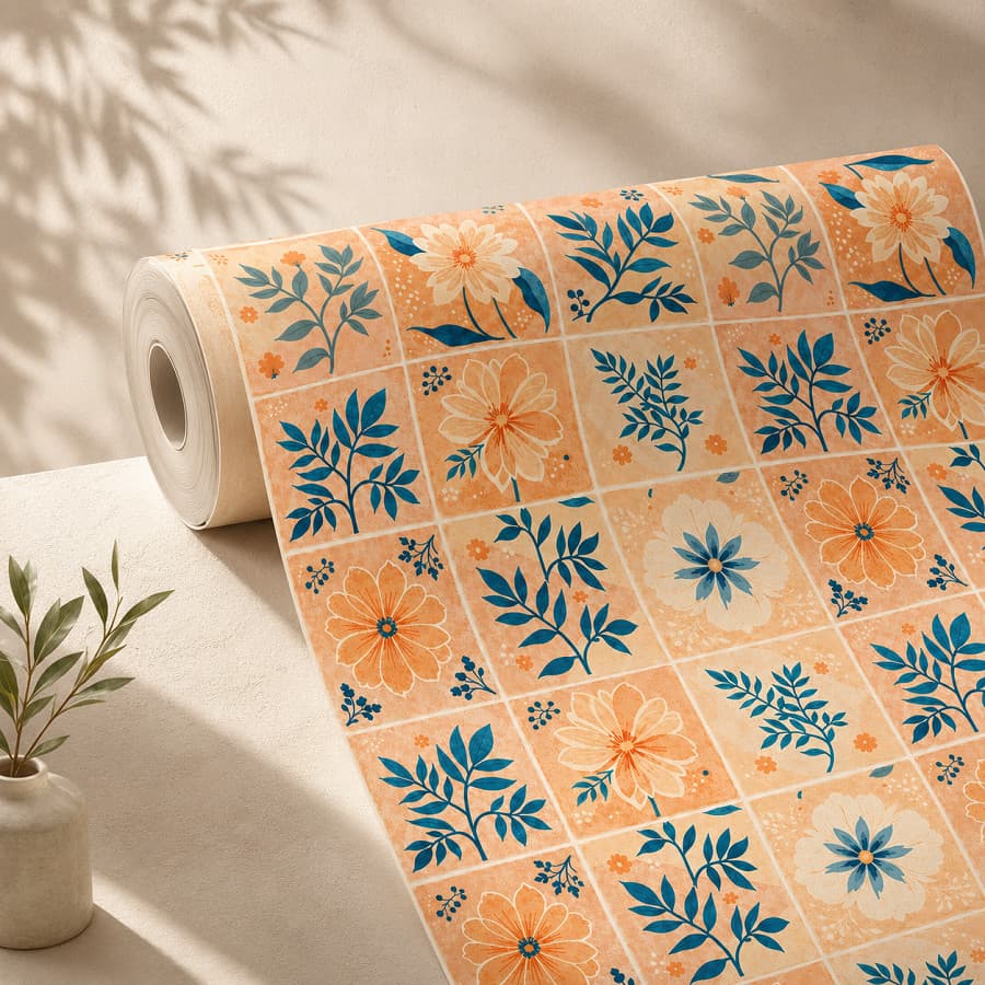 Papel de Parede Cozinha Lavavel Meia Parede Azulejo Florido Revestimento de Parede Rolo Autocolante