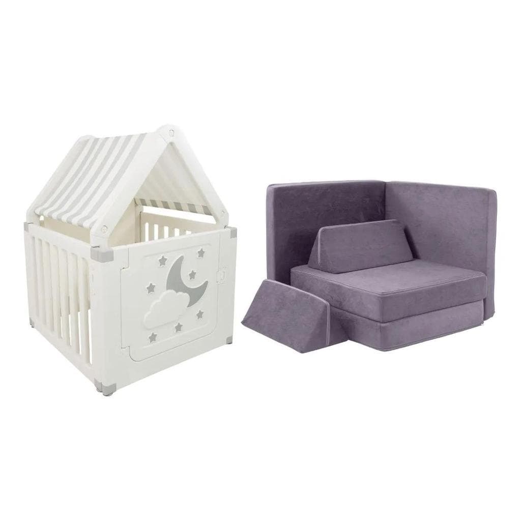 Kit Casinha Infantil E Sofá De Brincar Para Crianças Freso Cinza Lúdico