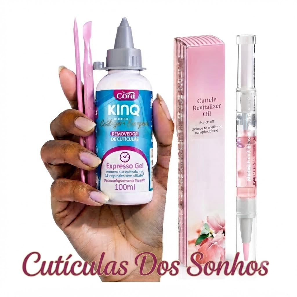Kit Spa Das Unhas Cutículas  Removedor KINQ Cora 100ml + Óleo Hidratante Caneta + Espátulas e Palito Plastico