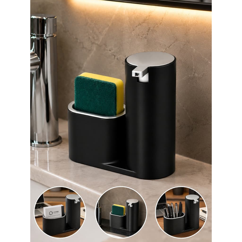 Porta Detergente e Esponja Bucha Dispenser Preto Organizador de Pia Detergente e Sabonete Líquido