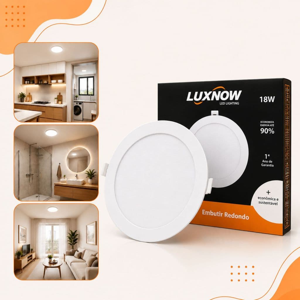 Painel Led Emb Redondo 18w 3000k Luxnow 22cmx22cm Branco Quente 100-240v