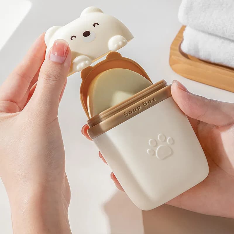 Caixa de sabonete em formato de urso com tampa, suporte para sabonete de banheiro, caixa de armazenamento portátil e sel
