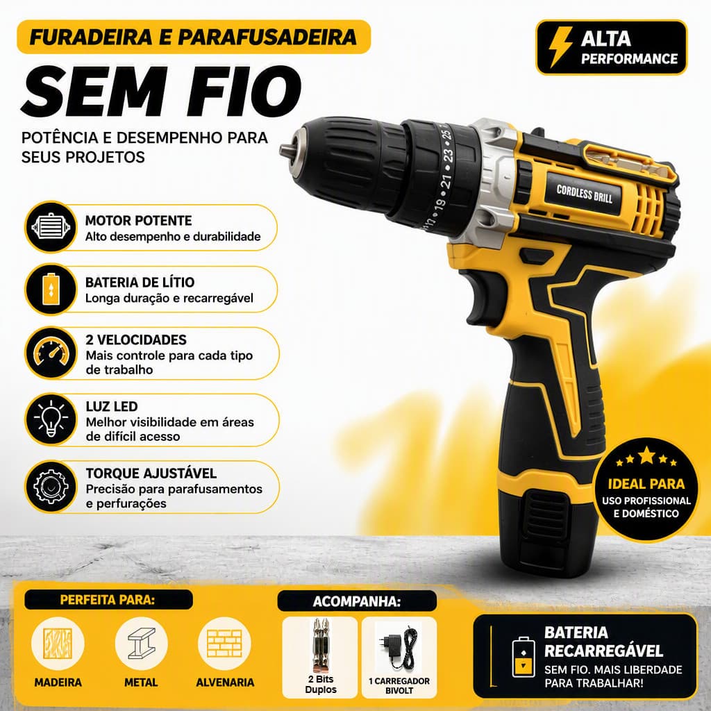 Parafusadeira Furadeira Sem Fio à Bateria Íon-Lítio 48V, 25 Velocidade Variável, Kit Com Carregador e Brocas