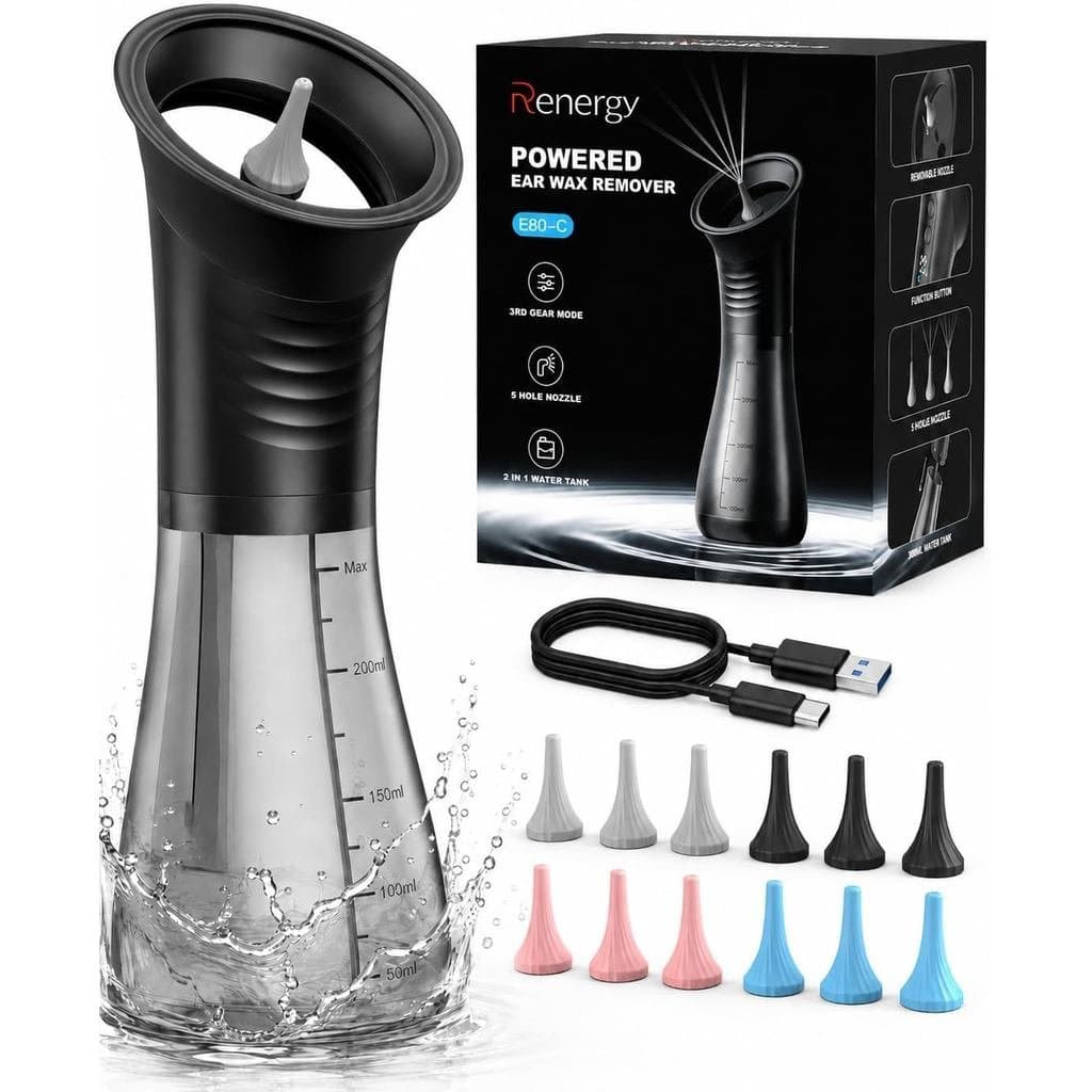 Kit Elétrico de Remoção de Cera de Ouvido Renergy, Removedor de Cera de Ouvido com Display LED, Tanque Duplo de Limpeza