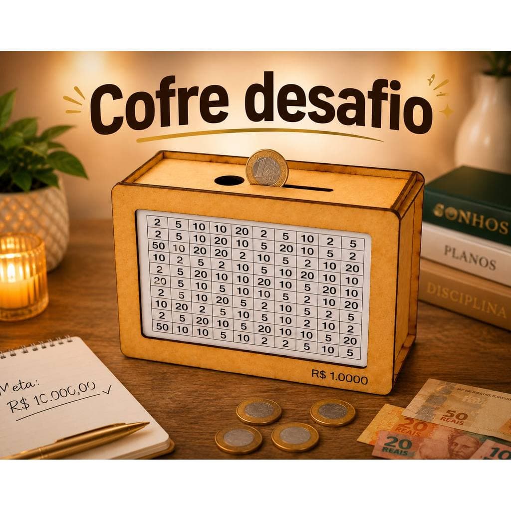 Cofre Cofrinho Desafio 1Mil/5Mil/10Mil Caixa Dinheiro MDF Método Japonês Poupança Contador Presente