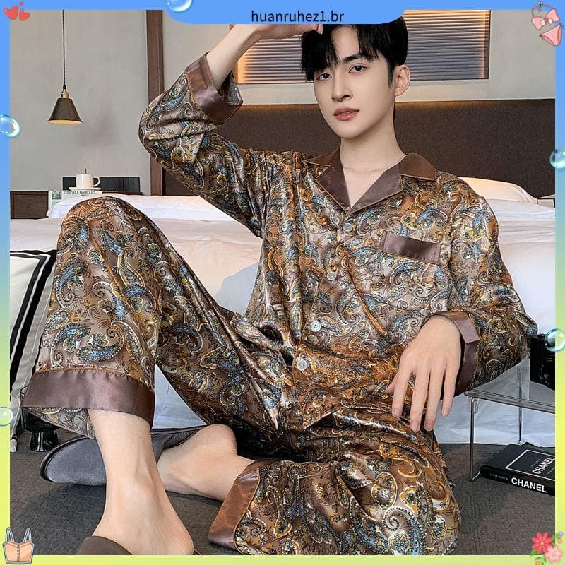 Pijamas masculinos de manga comprida estilo fino verão seda gelo pai de meia-idade estilo masculino 2026 novo estilo ver