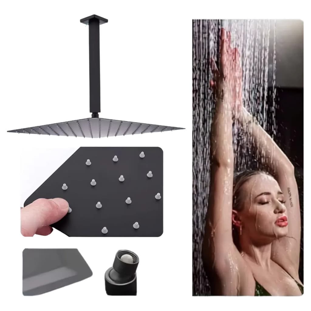 KIT DUCHA CHUVEIRO SLIM INOX 304 20X20 + 25CM BRAÇO PRETO FOSCO 8 POLEGADAS CONEXÃO 1/2 DEKO