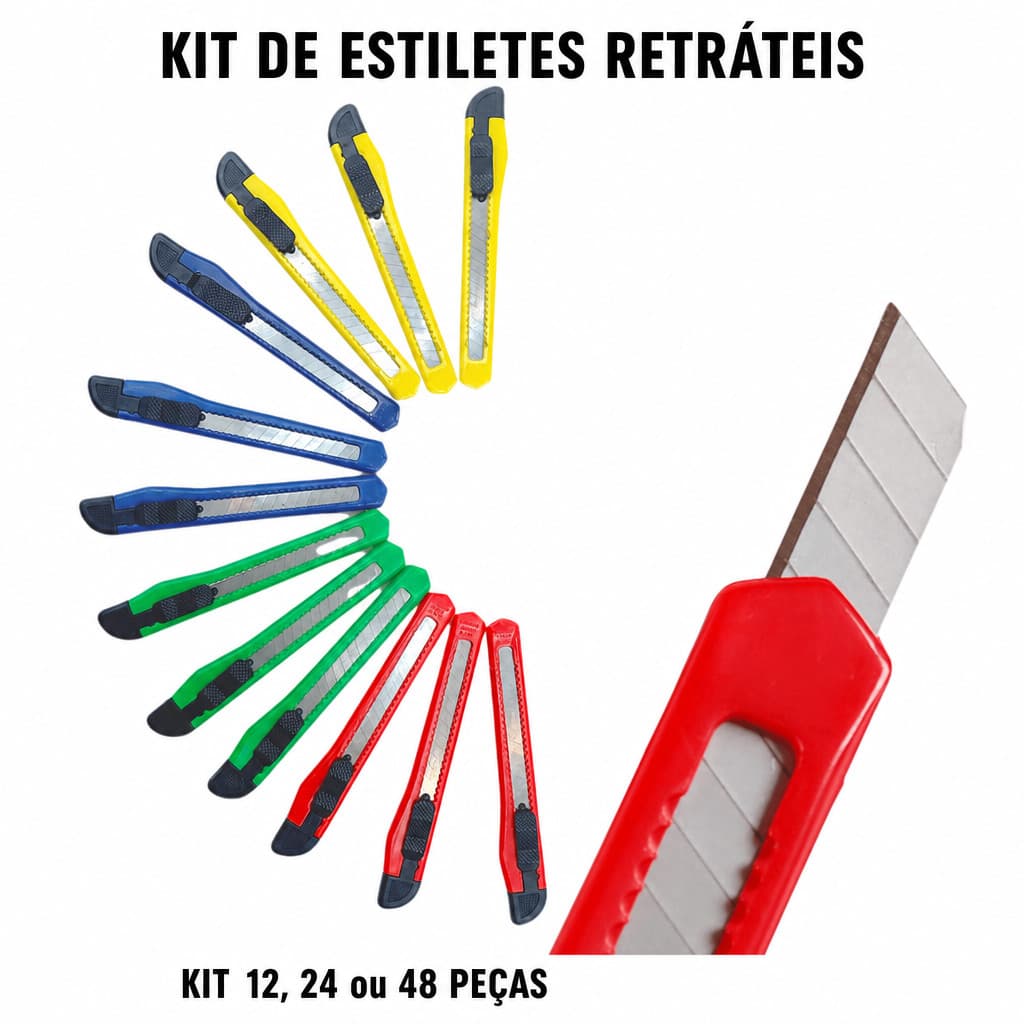 Estilete 9mm para Abrir Caixas Kit 12 24 ou 48 Peças Retrátil