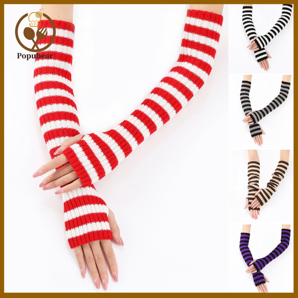 Elbow Length Gloves Chic Winter Handwear Women’s Striped Fingerless Knitted Arm Warmers with Thumb Hole Stretchy Goth