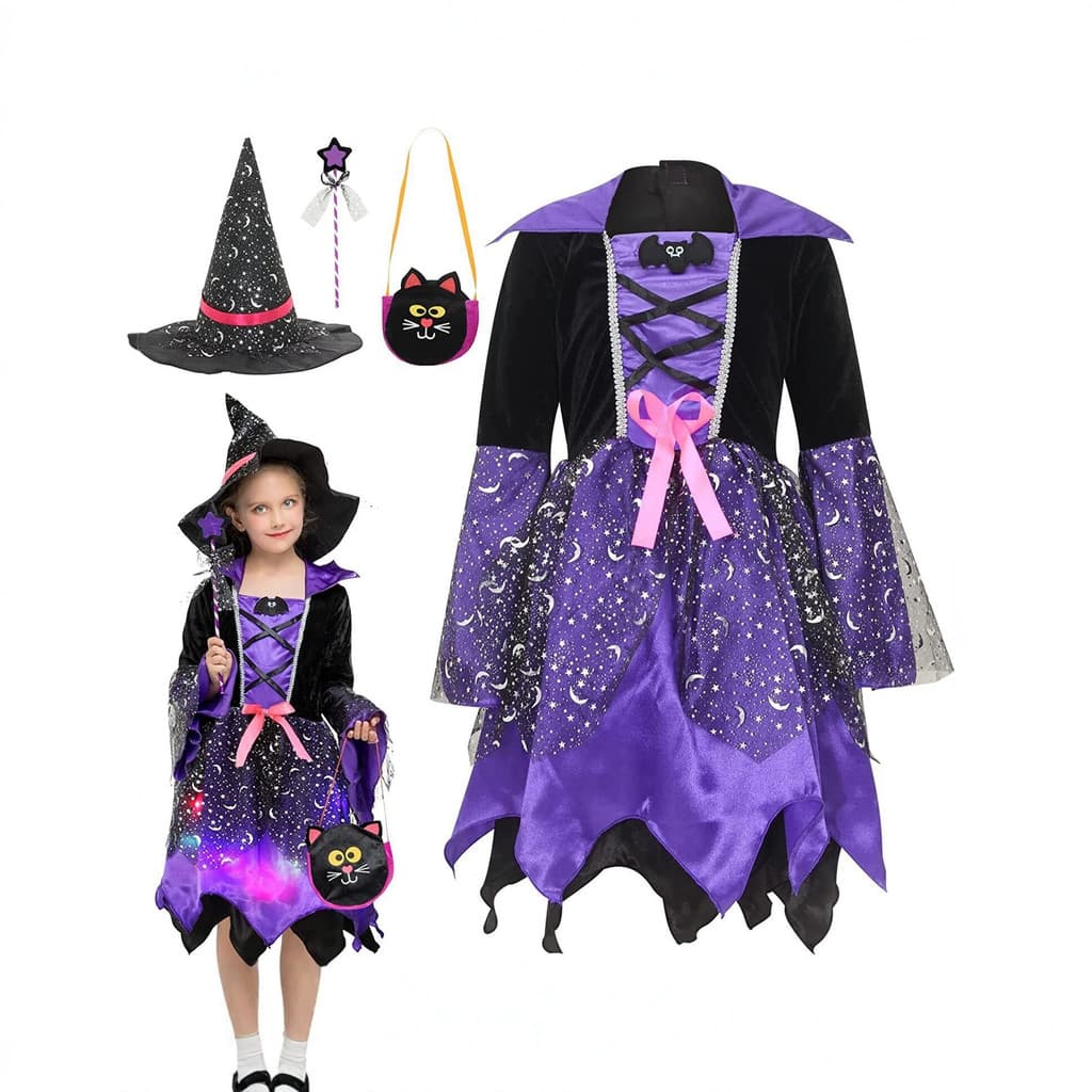 Conjunto de fantasia infantil de bruxa brilhante para Halloween, traje de cosplay para apresentação, varinha mágica e bo