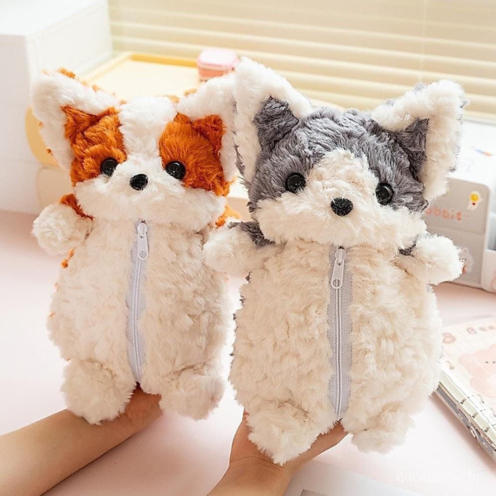 1 Unidade Corgi Dog Shape Pencil Pen Bags 3D Plush Case Cute Puppy Soft Stuffed Box Multi-Function Storage Zipper Bag Pa