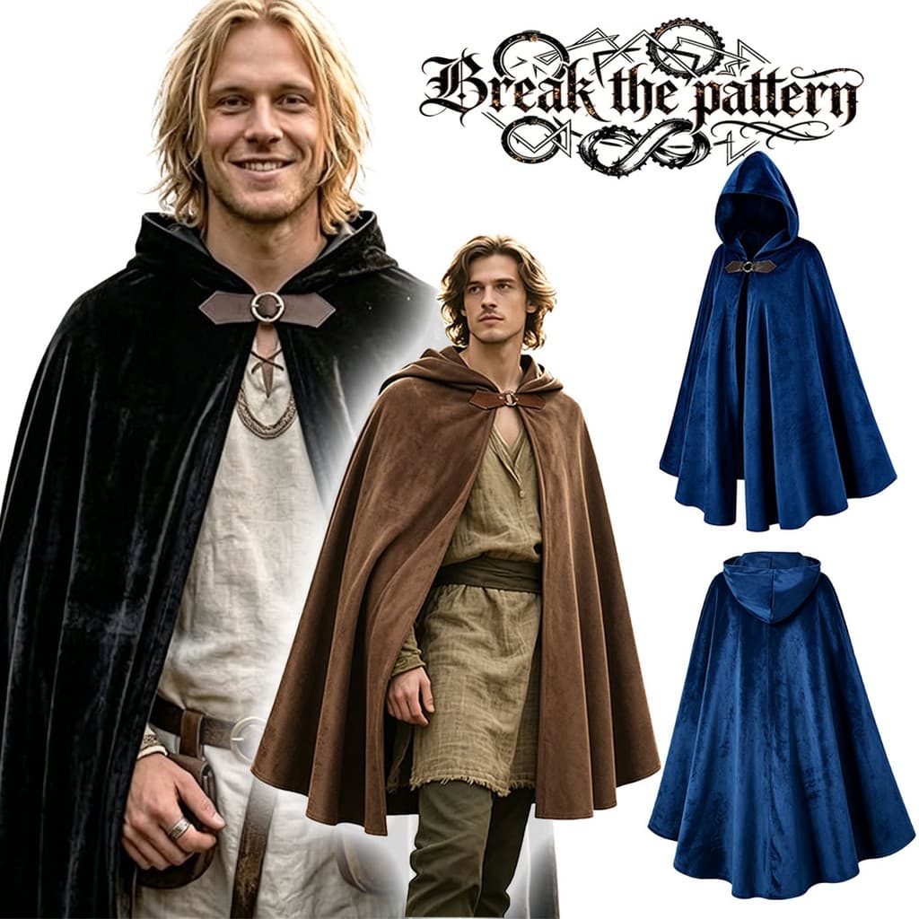 Fantasia de Halloween Medieval Retrô Capa com Capuz Estilo Camurça Cosplay para Festa Férias Eventos Temáticos
