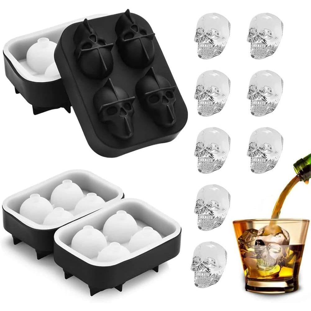 Forma de Gelo em Forma de Caveira - Vilei 2 Peças, Forma de Gelo em Silicone 3D com Tampa Transparente para Café Gelado,