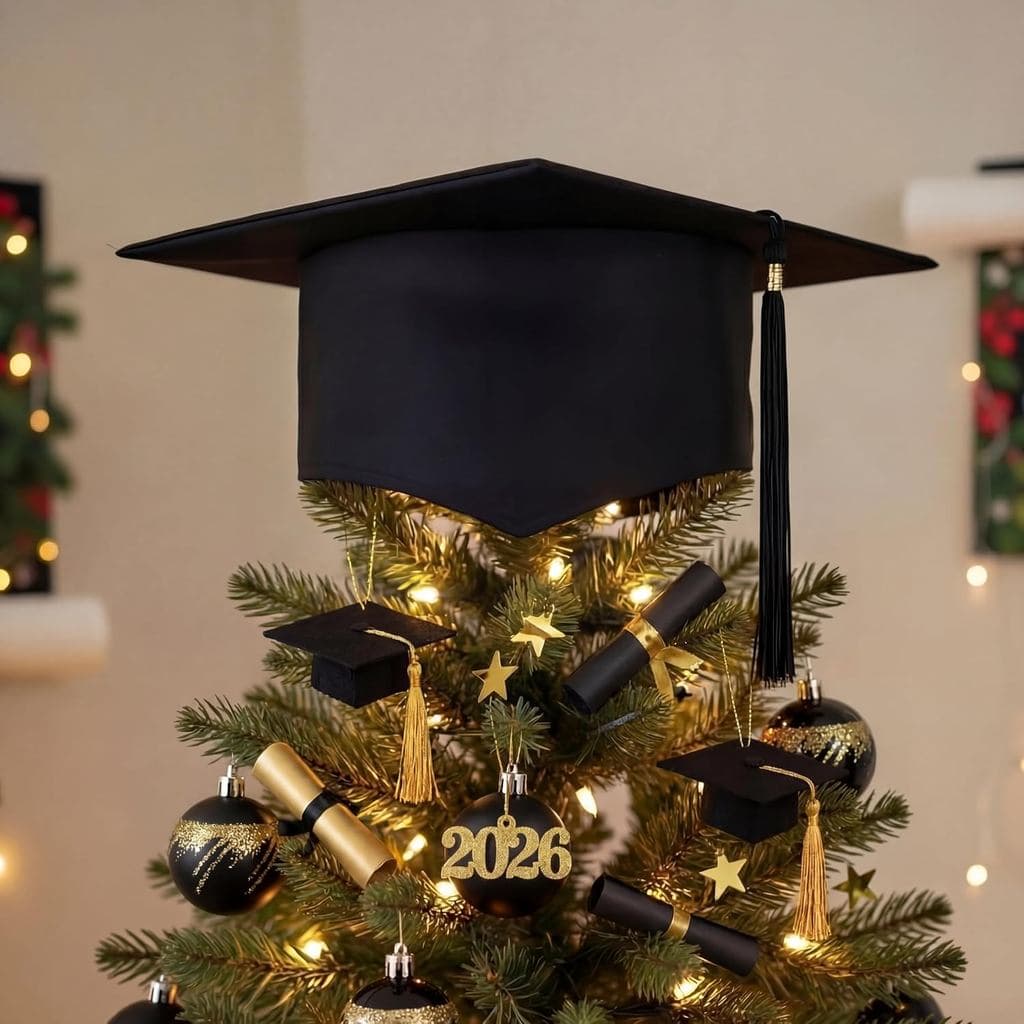 Gersoniel Enfeite de Árvore em Forma de Chapéu de Formatura Preto com Borlas de Tecido, Adequado para Árvores de Formatu