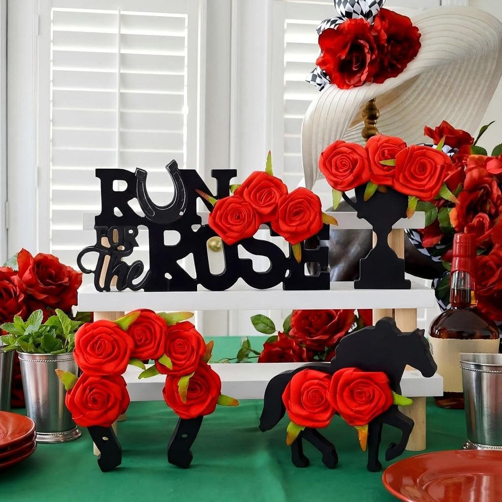 Amyhill 4 Peças de Decorações de Mesa Derby com Rosas, Figuras de Madeira de Corrida de Cavalos, Decoração de Mesa Derby