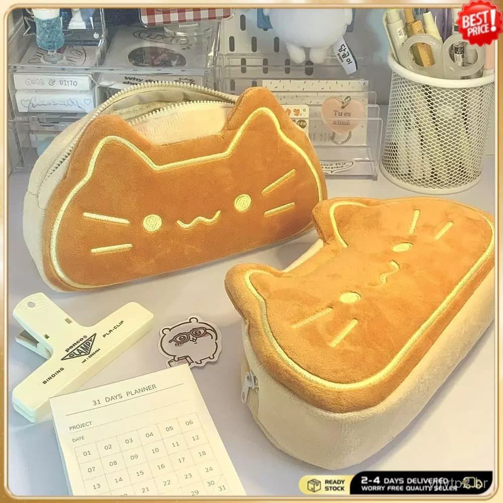 Estojo de lápis super fofo e adorável com tema de gato da sorte, grande capacidade, macio, gatinho feliz, fantasia de ga