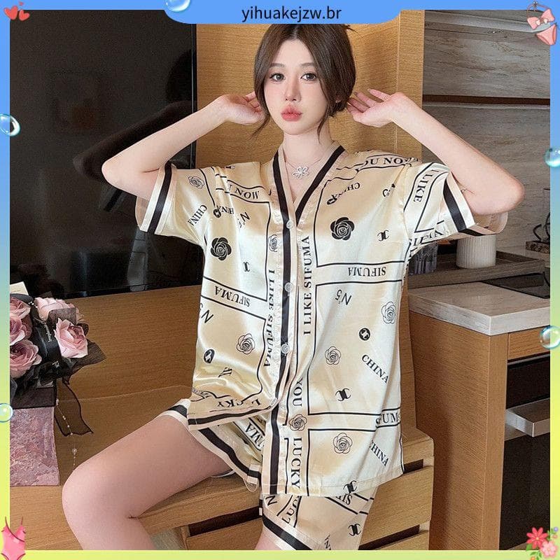 Versão coreana novo estilo verão pijamas de seda gelo feminino Shorts de manga curta terno de seda estilo fino venda que