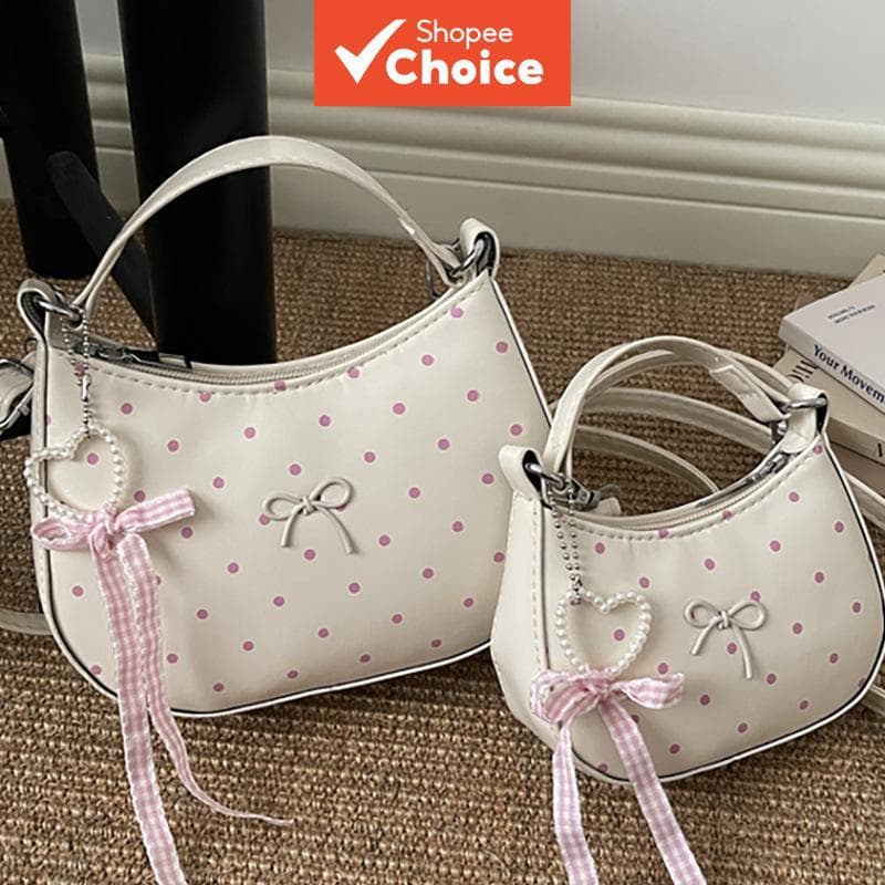 Bolsa feminina transfronteiriça 2026, bolsa de mão com estampa de bolinhas, laço elegante, bolsa tiracolo casual de alta