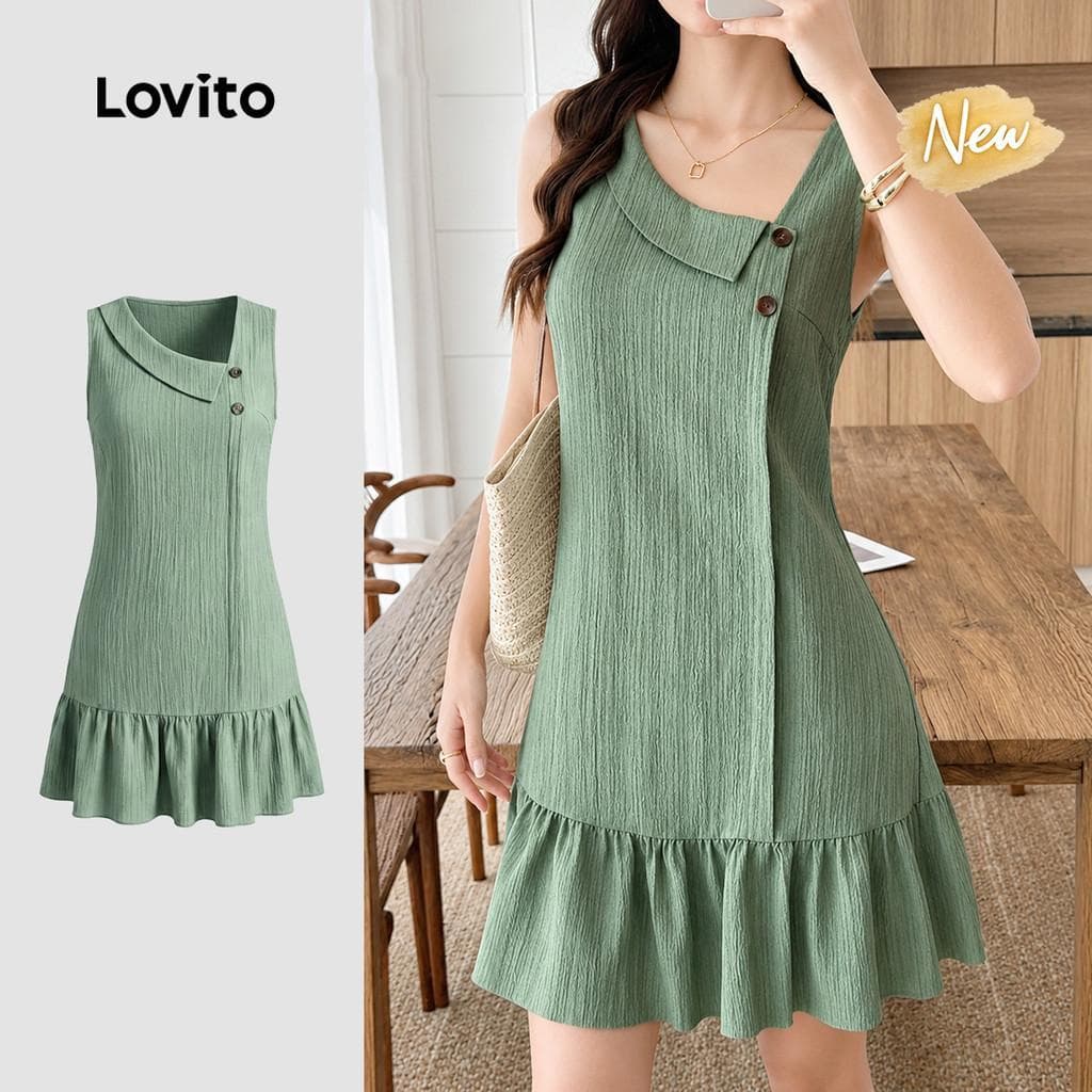 (New Arrival) Lovito Vestido Casual Verde Assimétrico com Botões para Mulheres primavera/verão DRK8P1D246