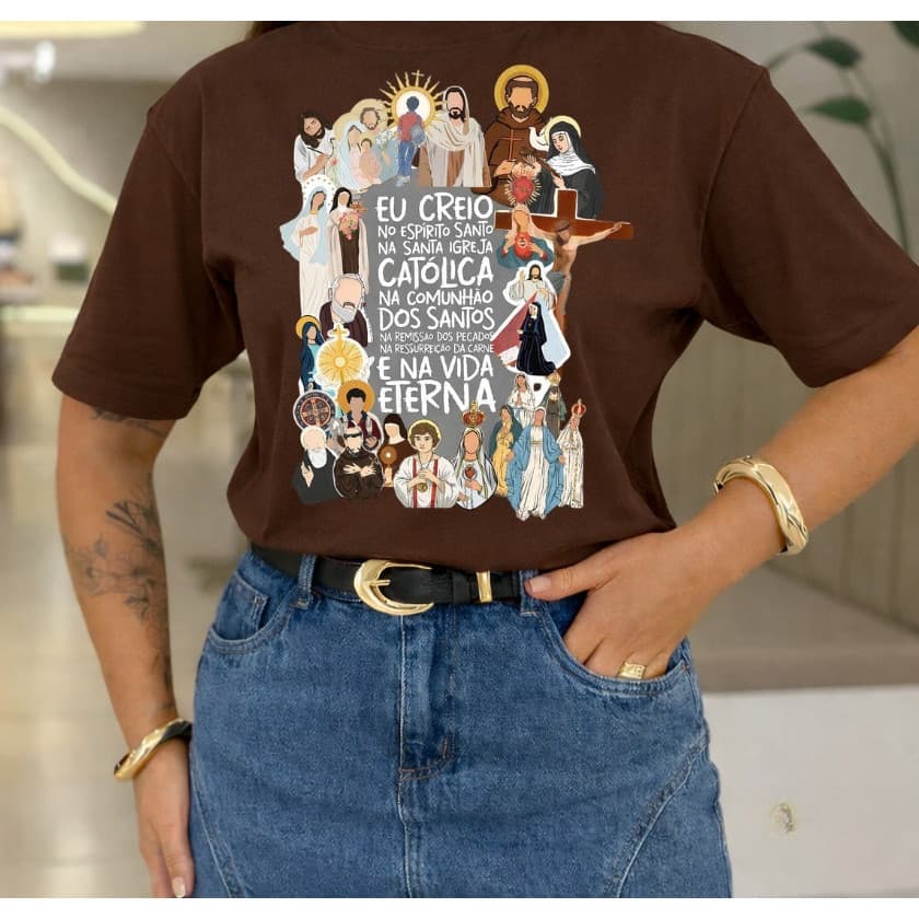 Camiseta Moda Unisex Feminina e Masculina Cristã e Evangelica Eu Creio Católica Estampa Santos e Profissão 100% Algodão