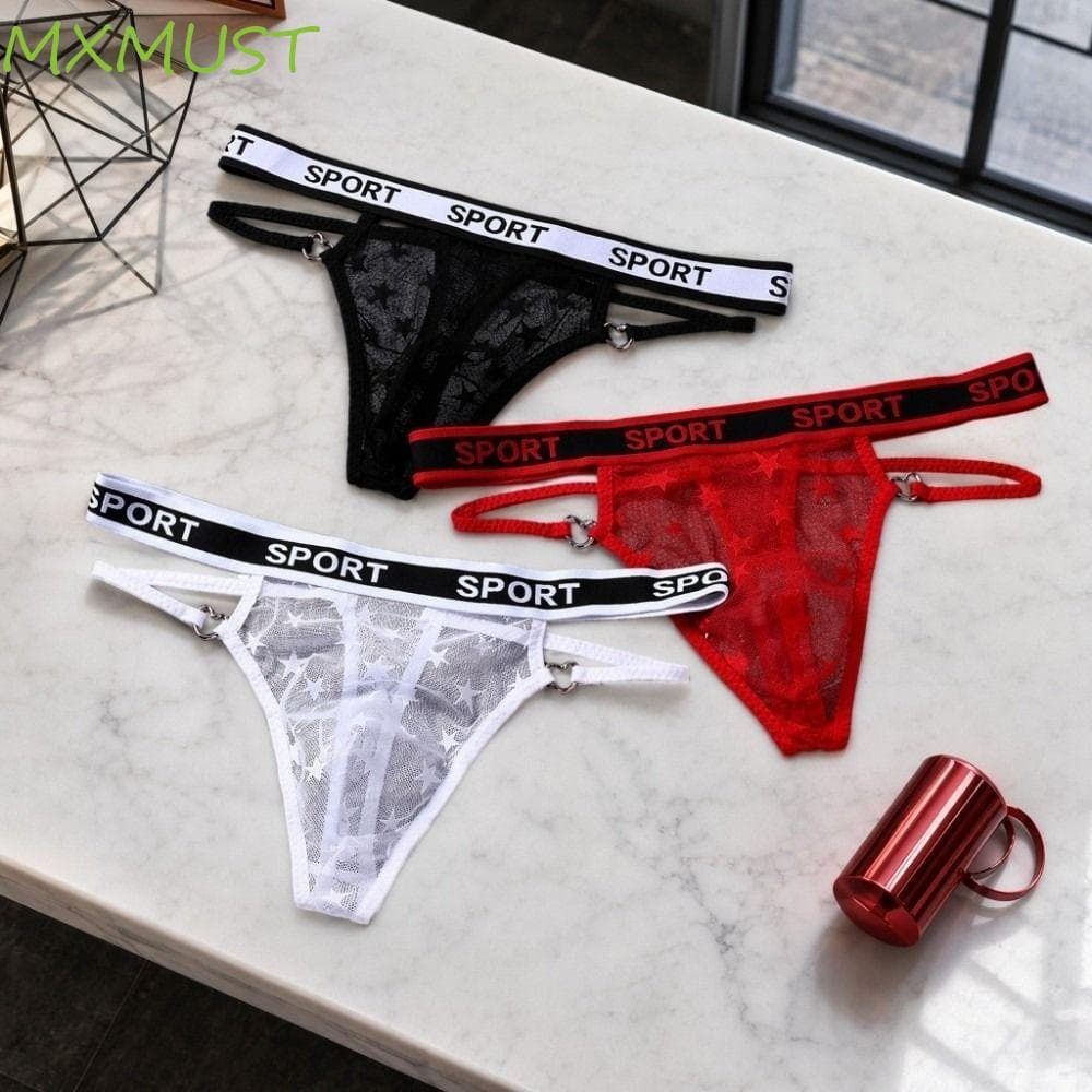 MXMUST Tanga Masculina De Malha Oca , Cintura Baixa Estrela Transparente Calcinha , Bolsa Com Protuberância Cuecas Mascu