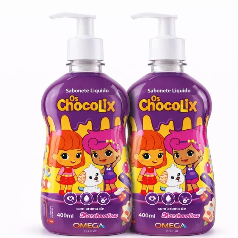 Kit 2 Sabonetes Líquidos Chocolix Marshmallow 400ml Omega Kids - Chiclete, Hipoalergênico, para Pele Infantil