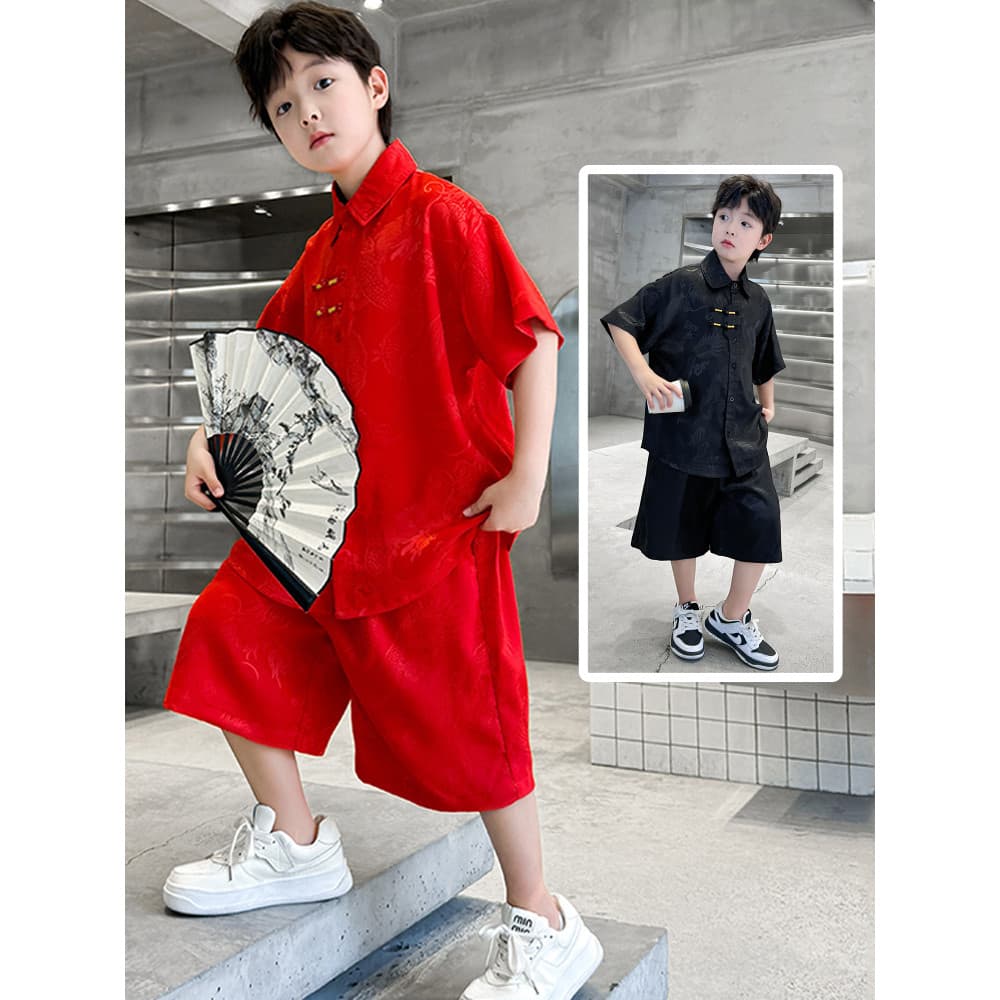 Crianças roupas meninos Tang terno vermelho terno de manga curta roupas de verão 2026 novo estilo grandes meninos na mod
