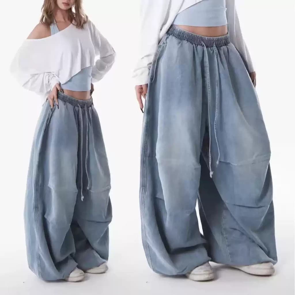 American Street Plissado Cintura Elástica Design Perna Larga Paraquedista Jeans Cordão Feminino Solto Calça de Dança Cas