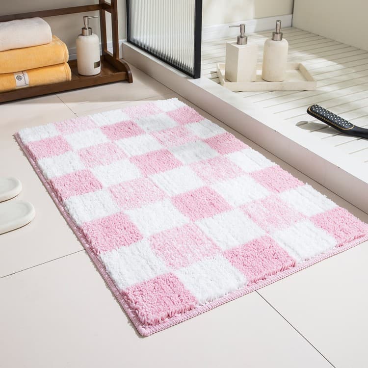 Tapete de pelúcia xadrez para banheiro, tapete absorvente para pés, porta de quarto fofa, tapete antiderrapante