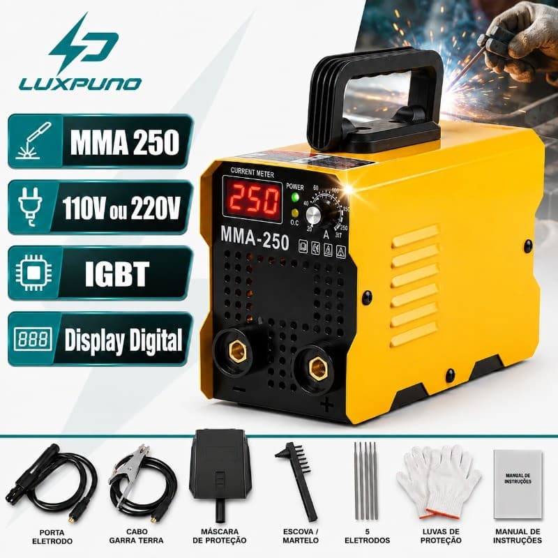 110V/220V Máquina de Solda Inversora MMA-250 IGBT Tecnologia  Profissional Portátil com Display Digital e Kit Completo