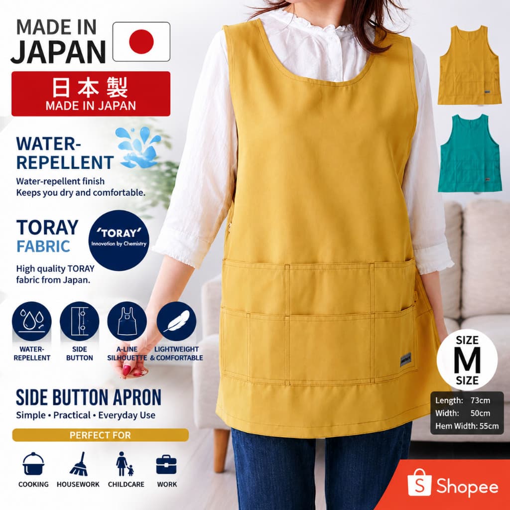 Japanese Made Water-Repellent Apron TORAY Fabric Side Button A-Line Simple Plain Apron