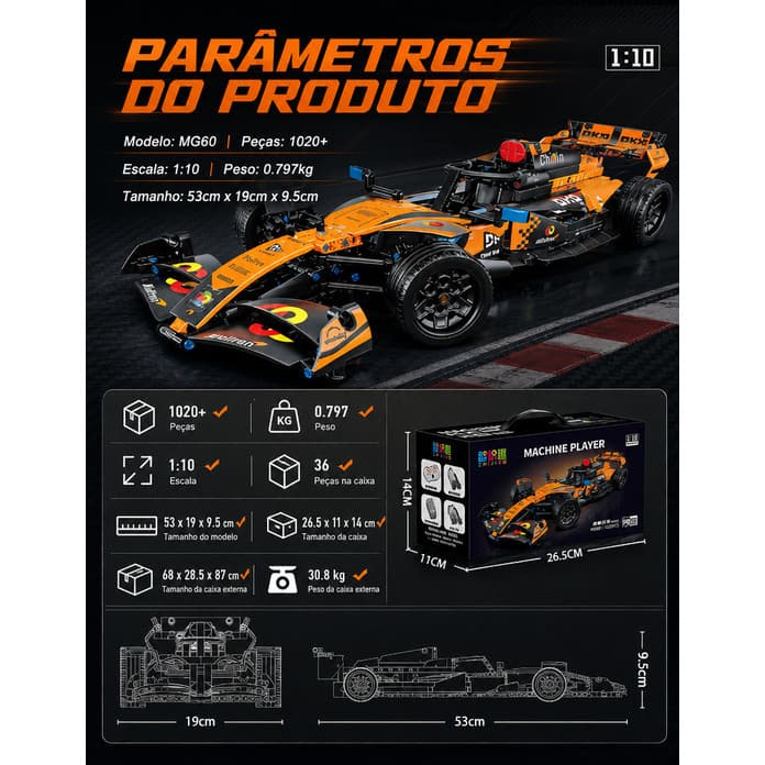 Modelo de Carro de Corrida MG60 em Blocos 1020 Peças Escala 1:10 para Exposição
