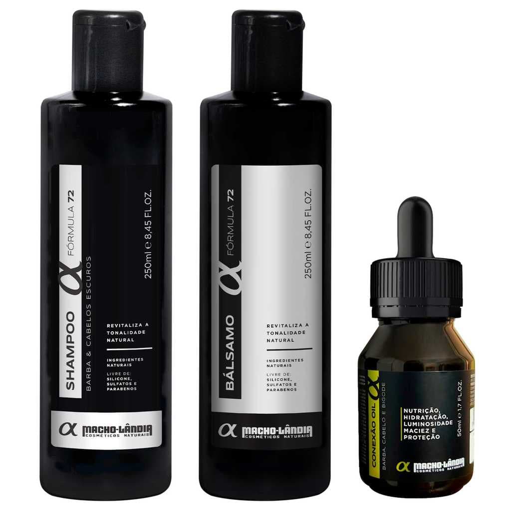 Kit Masculino de Barba Escura Macho-Lândia Óleo Conexão Oil 50ml + Shampoo e Bálsamo Fórmula 72 Fios Escuros 250ml