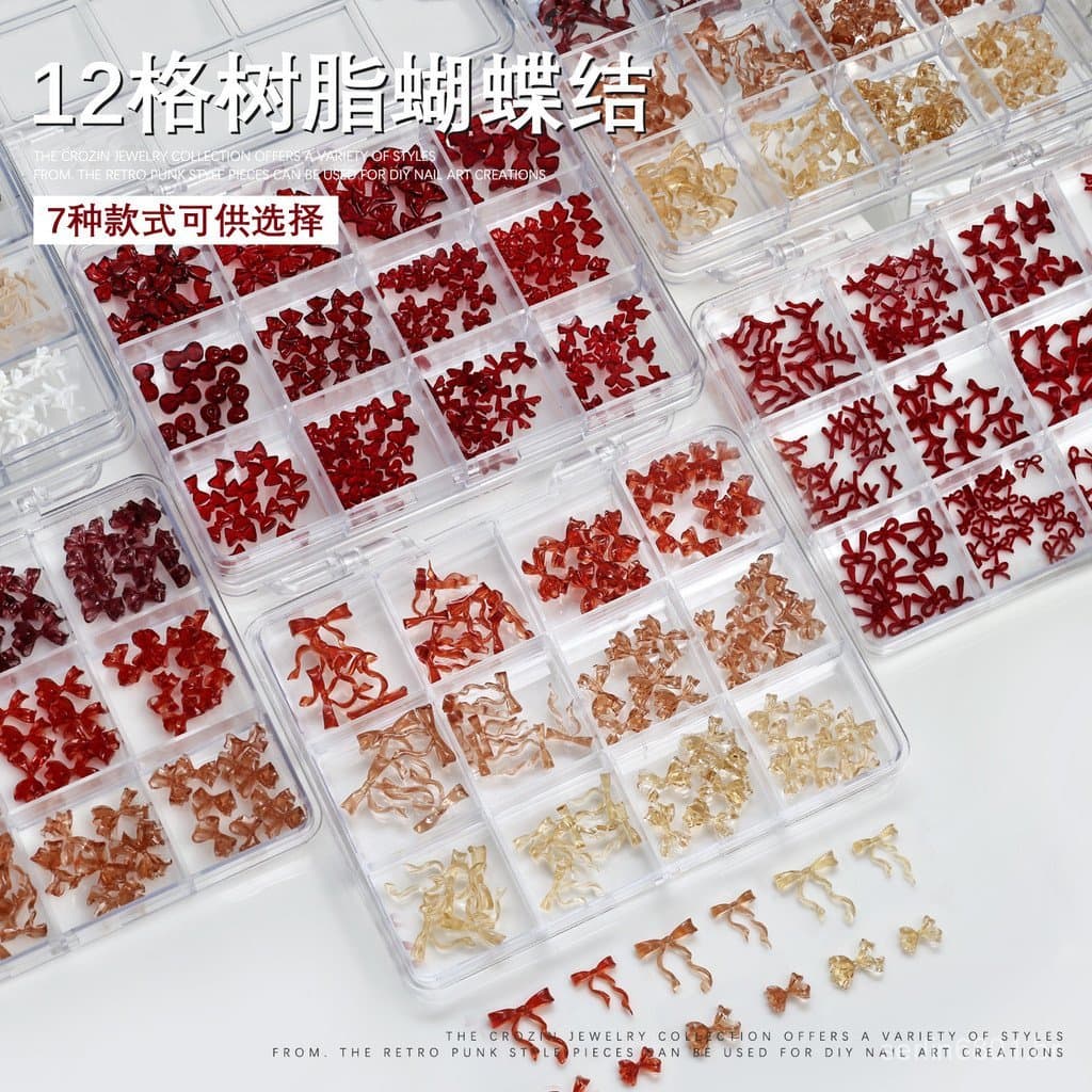 Decorações de Unhas com Mini Laços, Conjunto de 12 Peças, Laços de Resina Mistos, Acessórios de Unhas em Caixa com Laços