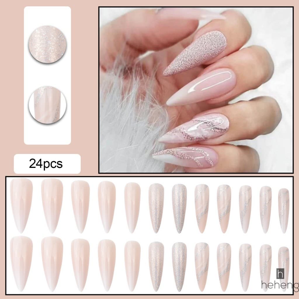24pcs Unhas Falsas De Ponta Longa Com Brilho Gradiente Para Adultos Mulheres Festa De Casamento